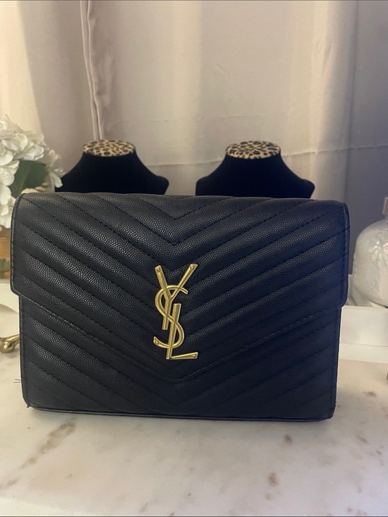 Saint Laurent Handbags - Black Quilted Chevron Wallet-On-Chain with Gold YSL